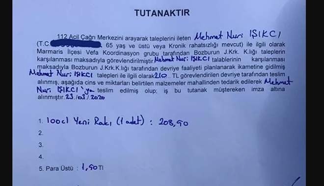 Evden çıkamayan 65 yaş üstü vatandaşın rakısı tutanakla teslim edildi: 208 TL 50 KR