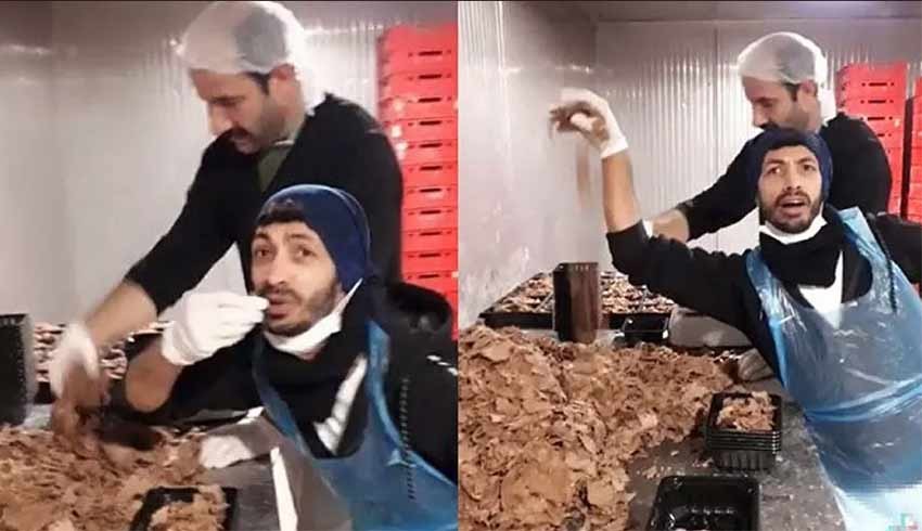 Hazır döner paketleyen iki çalışanın paylaştığı video mide bulandırdı